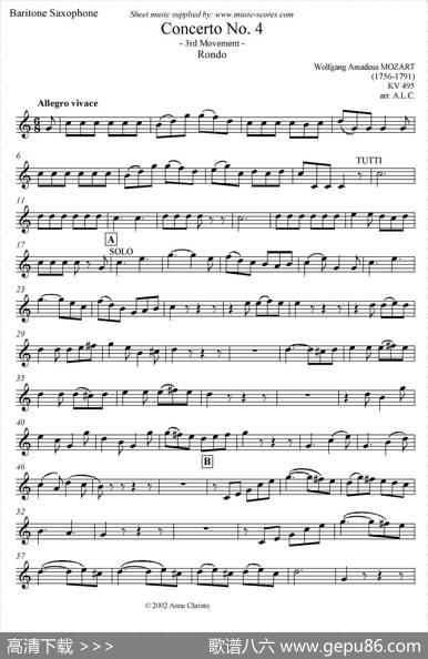Mozart：ConcertoKV495No.4-3stRondo回旋曲（上低音萨克斯）|Mozart（莫扎特）