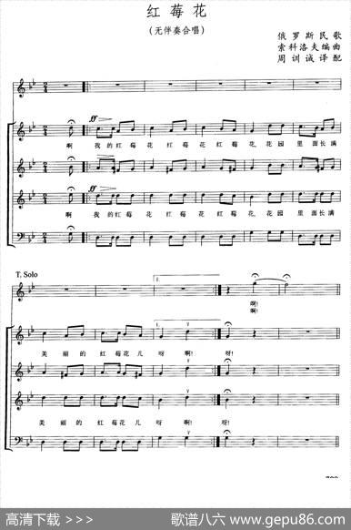 [俄]红莓花（无伴奏合唱、五线谱）|[俄]索科洛夫编曲、周训诚译配