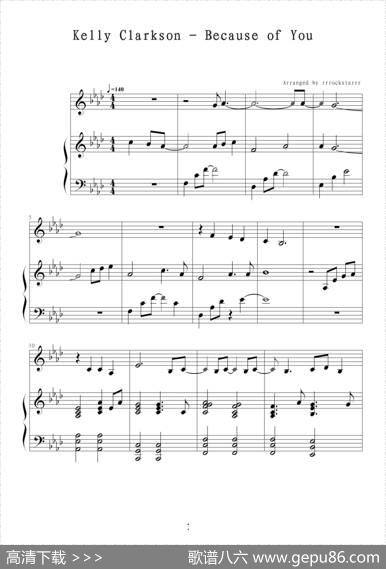 becauseofyou（韩剧《冬季恋歌》插曲）（钢琴伴奏谱）|KellyClarkson