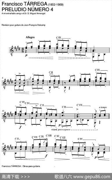 PRELUDIONUMERO4（古典吉他）|弗朗西斯科·泰雷加FranciscoTarrega(1852-1909)