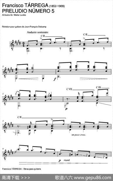 PRELUDIONUMERO5(AIilustreDr.WalterLeckie)（古典吉他）|弗朗西斯科·泰雷加FranciscoTarrega(1852-1909)