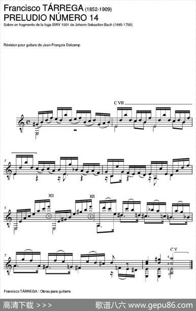 PRELUDIONUMERO14(SobreunfragmentodelafugaBWV1001deJohannSebastianBa（古典吉他）|弗朗西斯科·泰雷加FranciscoTarrega(1852-1909)