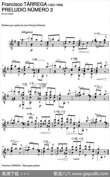 PRELUDIONUMERO3(Ensolmayor)（古典吉他）|弗朗西斯科·泰雷加FranciscoTarrega(1852-1909)