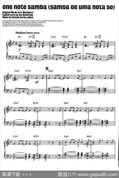 OneNoteSamba（sambadeumanotaso）（爵士钢琴酒吧独奏钢琴谱）|AntonioCarlosJobim