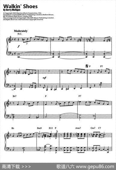 Walkin'Shoes（爵士钢琴酒吧独奏钢琴谱）|GerryMulligan