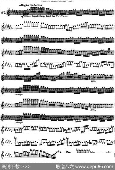 柯勒30首高级长笛练习曲作品75号（NO.27）|Kohler(柯勒)