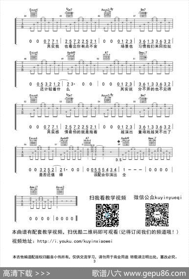 演员（薛之谦A调指法吉他谱）（酷音小伟编配） - 薛之谦|薛之谦