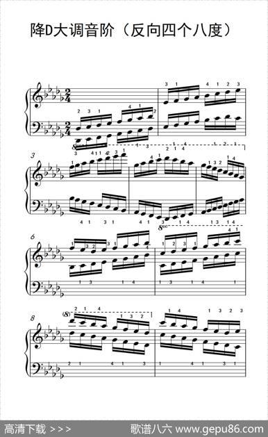 降D大调音阶（反向四个八度）（孩子们的钢琴音阶、和弦与琶音2）