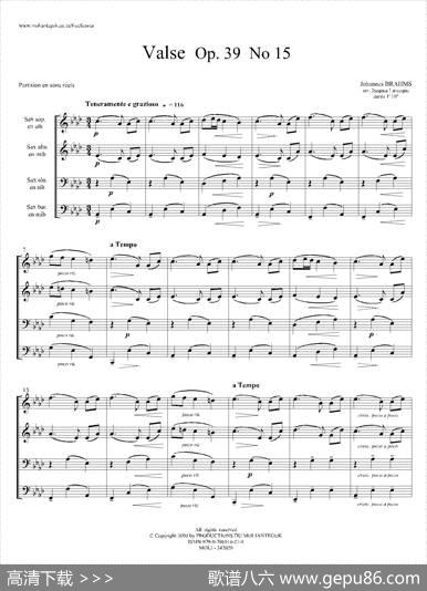 圆舞曲Op39No15（四重奏总谱）|J·勃拉姆斯
