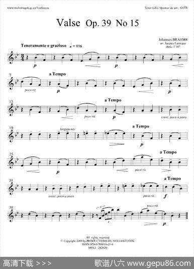 圆舞曲Op39No15（四重奏次中音萨克斯分谱）|J·勃拉姆斯