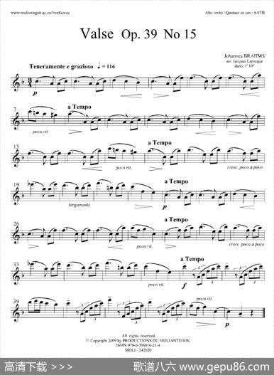 圆舞曲Op39No15（四重奏中音萨克斯分谱）|J·勃拉姆斯