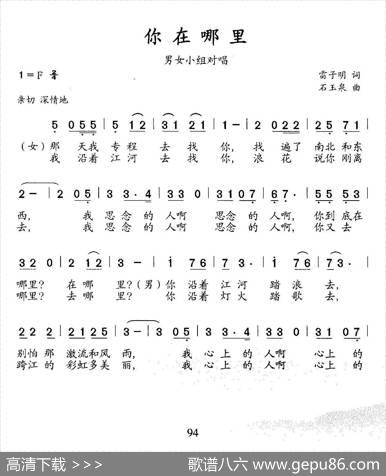 你在哪里（雷子明词石玉泉曲） - 雷子明|石玉泉
