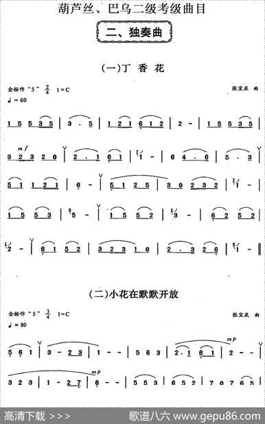 葫芦丝、巴乌二级考级曲目：独奏曲（1——9）