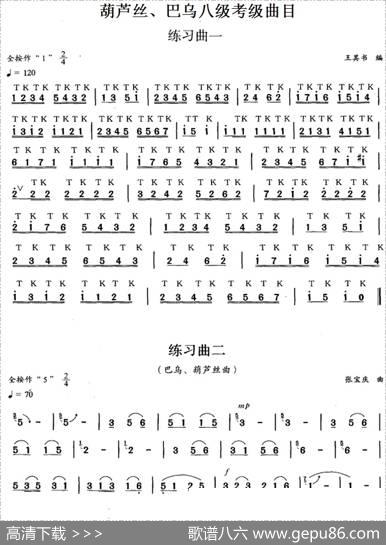 葫芦丝、巴乌八级考级曲目：练习曲（1——5）