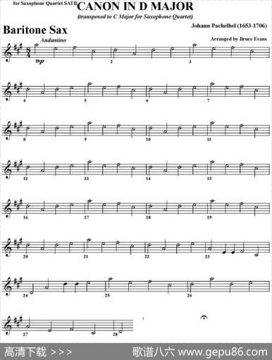 CANONINDMAJOR（四重奏·上低音萨克斯分谱）