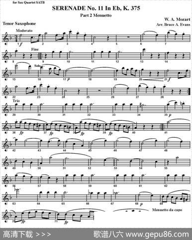 SERENADENo.11inEb，K.375Part2Menuetto（四重奏·次中音萨克斯分谱）