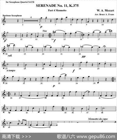 SERENADENo.11，K.375Part4Menuetto（四重奏·上低音萨克斯分谱）
