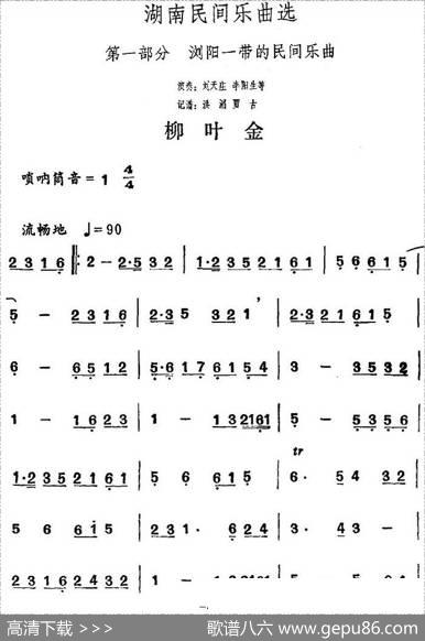 湖南民间乐曲选：柳叶金|洪滔、贾古记谱