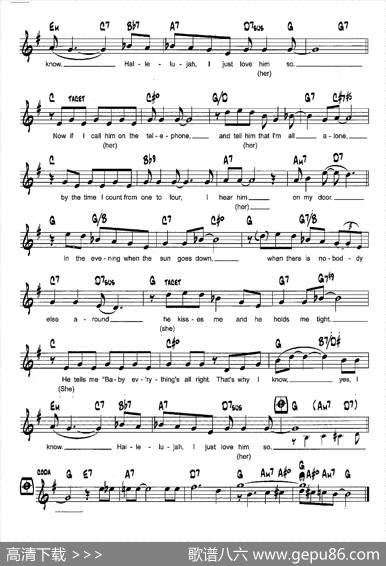 降B爵士乐谱：HALLELUJAH,ILOVEHIMSO