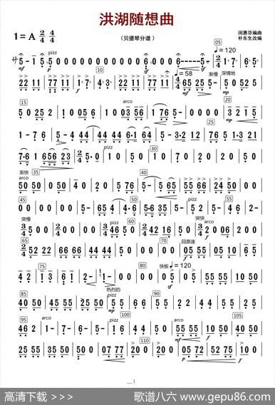 洪湖随想曲（贝提琴分谱） - 闵惠芬编曲|朴东升编配