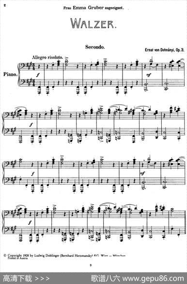 WalzerOp.3-4hands（圆舞曲·四手联弹）|厄恩斯特·凡·多南依