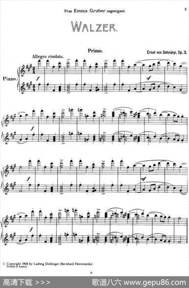 WalzerOp.3-4hands（圆舞曲·四手联弹）|厄恩斯特·凡·多南依