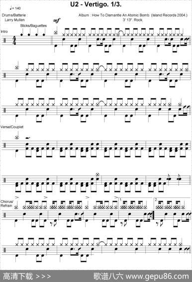 爵士鼓谱：U2-Vertigo