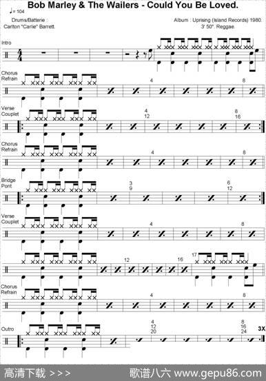 爵士鼓谱：BobMarley-Couldyoubeloved