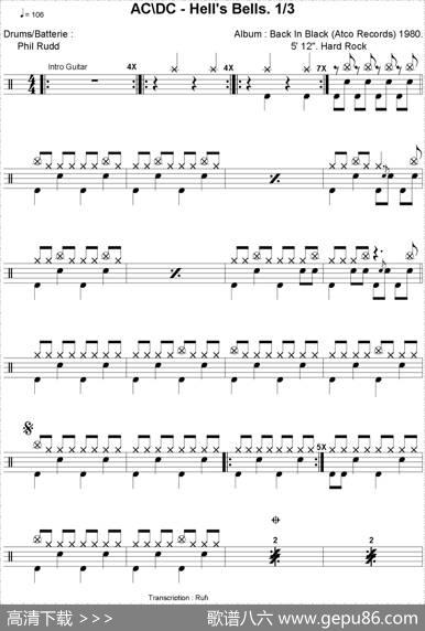 爵士鼓谱：AcDc-Hellsbells