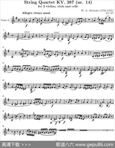StringQuartetKV.387（弦乐四重奏第二小提琴分谱）|莫扎特