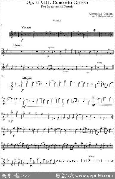 Op.6VIII.ConcertoGrosso（大协奏曲）（四重奏第一小提琴分谱）|柯瑞里