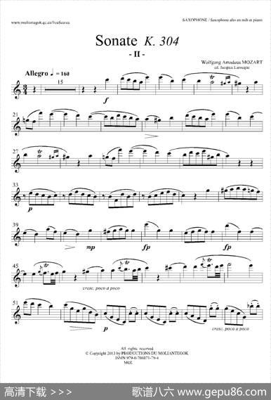 奏鸣曲Op.304（中音萨克斯）|莫扎特