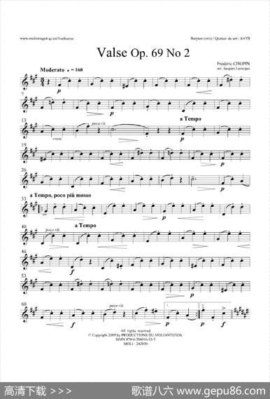 b小调圆舞曲Op.69No.2（四重奏上低音萨克斯分谱）|肖邦