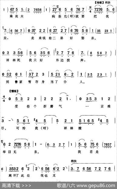 听那人讲一遍心酸难忍（《祥林嫂》祥林嫂[女]唱段）|贺飞记谱