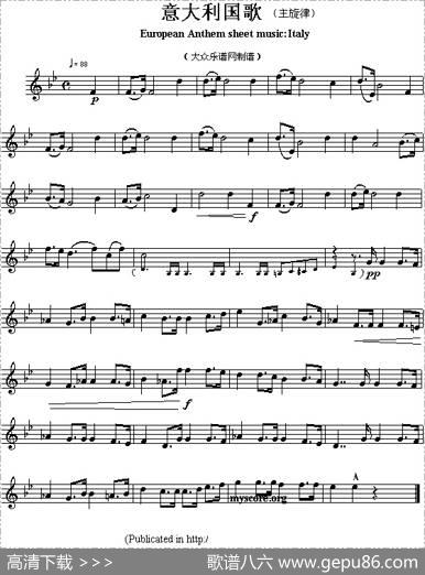 各国国歌主旋律：意大利（EuropeanAnthemsheetmusicItaly）