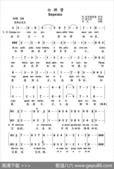 白桦赞Березка（中俄简谱） - 阿.别泽勉斯基|叶.德列京