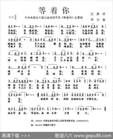 等着你（中央电视台大型公益电视节目《等着你》主题曲） - 王勇|李戈