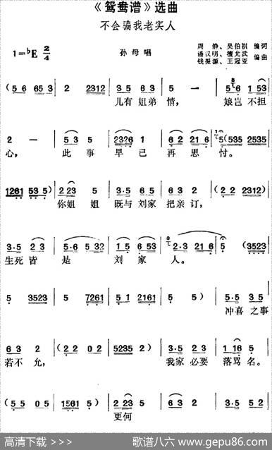 《鸳鸯谱》选曲：不会骗我老实人（孙母唱段） - 周静、吴伯褀编词|潘汉明、谭允武编曲