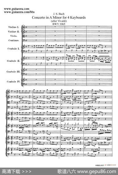 为四架古钢琴而作的a小调协奏曲BWV1065（总谱）|约翰·塞巴斯蒂安·巴赫原曲、布索尼改编