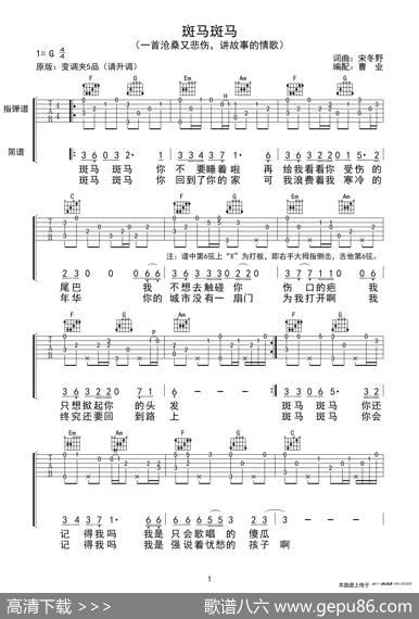 斑马斑马（指弹谱、曹业编配版） - 宋冬野|宋冬野