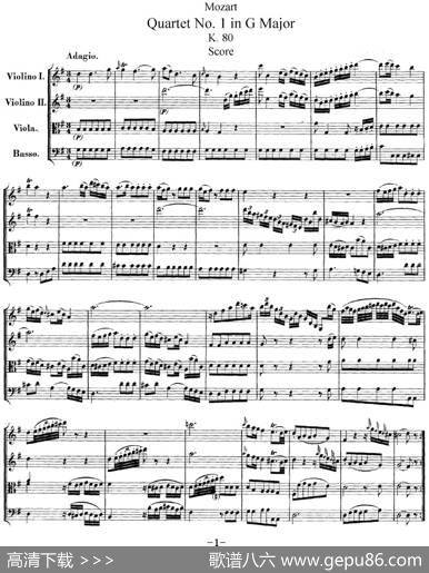 Mozart《QuartetNo.1inGMajor,K.80》（总谱）