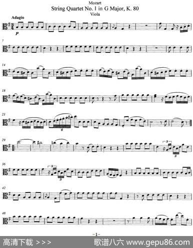 Mozart《StringQuartetNo.1inGMajor,K.80》（Viola分谱）