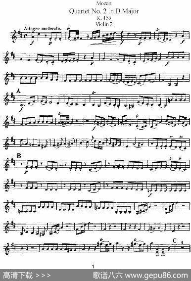 Mozart《QuartetNo.2inDMajor,K.155》（Violin2分谱）