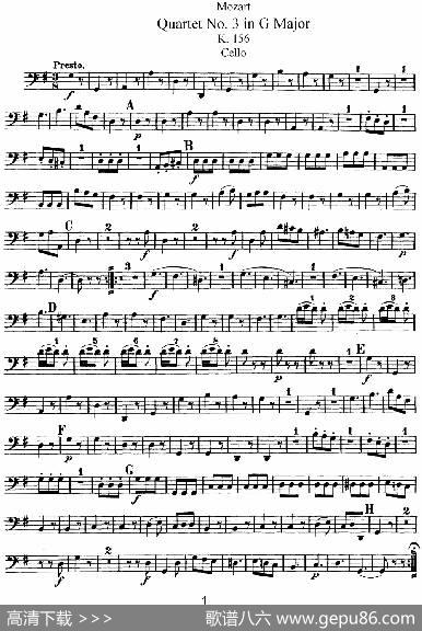 Mozart《QuartetNo.3inGMajor,K.156》（Cello分谱）