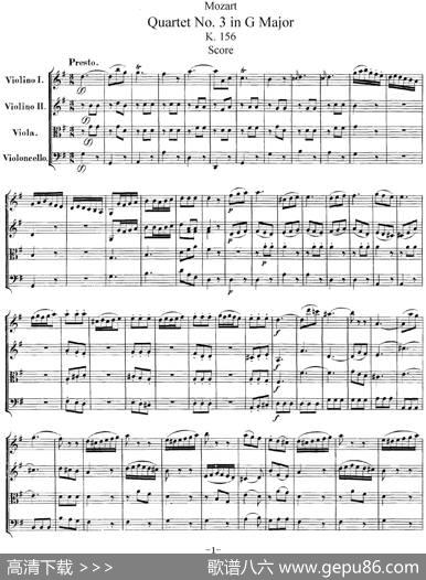 Mozart《QuartetNo.3inGMajor,K.156》（总谱）