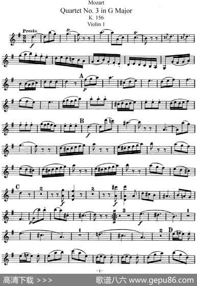 Mozart《QuartetNo.3inGMajor,K.156》（Violin1分谱）
