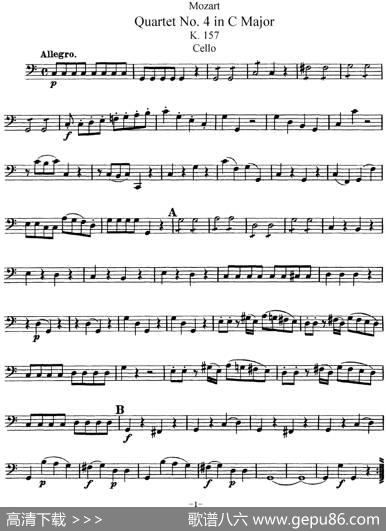 Mozart《QuartetNo.4inCMajor,K.157》（Cello分谱）