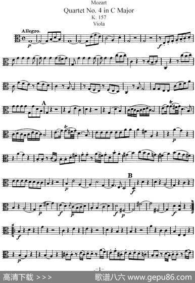 Mozart《QuartetNo.4inCMajor,K.157》（Viola分谱）