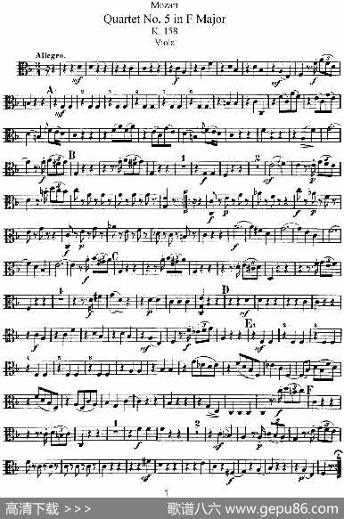 Mozart《QuartetNo.5inFMajor,K.158》（Viola分谱）