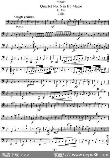 Mozart《QuartetNo.6inBbMajor,K.159》（Cello分谱）